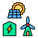 icon showing solar panel, sun, energy storage battery, and wind turbine for renewable energy in Indore, India | LUMENS ELECTRICALS